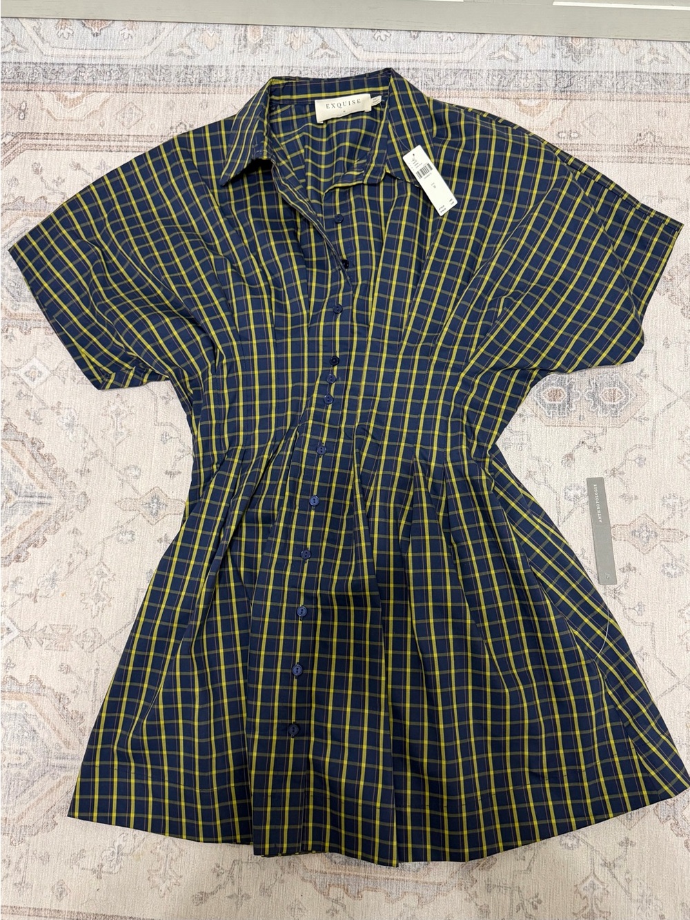Anthropologie Tobie Mini Checked Short Sleeve Shirt Dress in Navy and Yellow - Picture 4 of 7